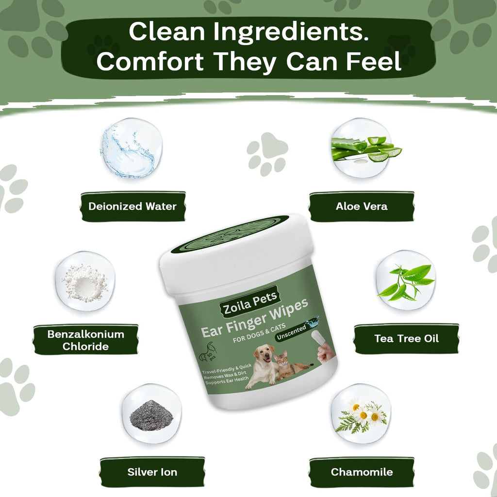 Zoila Pets Dog Ear Wipes & Cat Ear Cleaner – Ear Wipes for Dogs, Cat Ear Wipes, Gentle Dog Ear Cleaning Wipes Remove Wax, Dirt & Odor, No-Rinse Ear Care