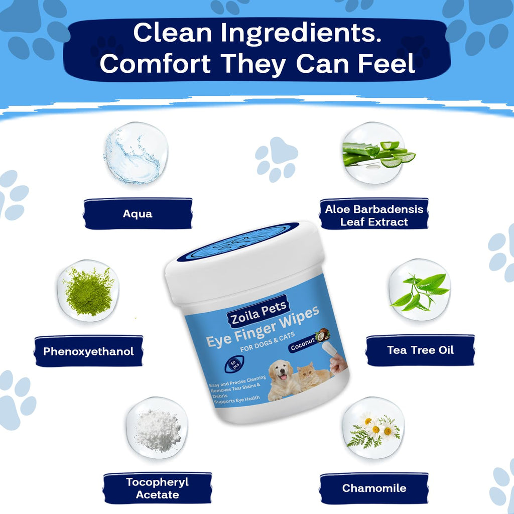Zoila Pets Dog Eye Cleaner Wipes & Cat Eye Wipes | Scent Textured Tear Stain Remover for Dogs, Eye Wipes for Dogs, Dog Tear Stain Remover, Dog Eye Wipes for Discharge and Crust | 50 Count