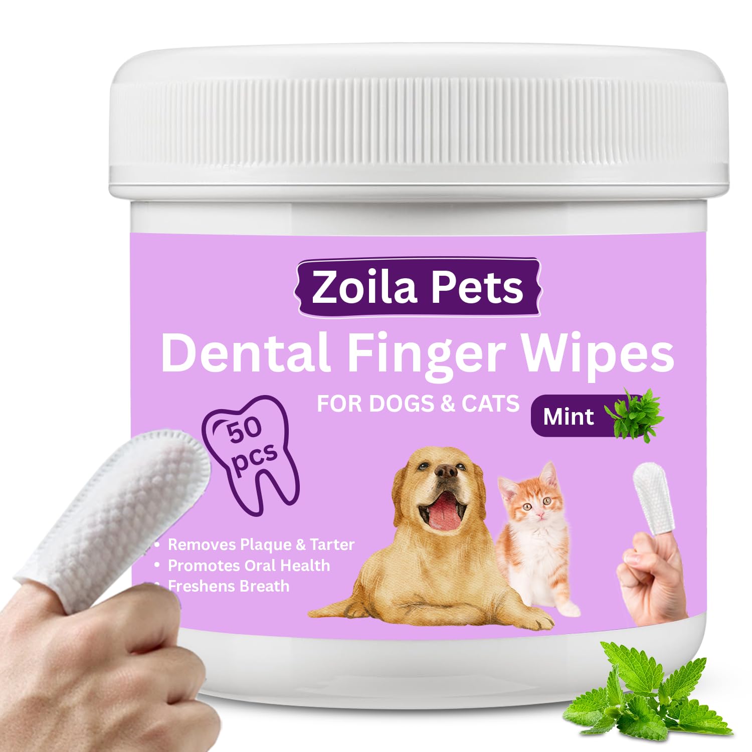 Zoila Pets Dental Wipes – Best Dog Teeth Cleaning, Dog Dental Wipes for Dogs Teeth, Finger Toothbrush for Dogs and Cats, Oral Care, Remove Plaque, Tartar & Bad Breath – 50 Count