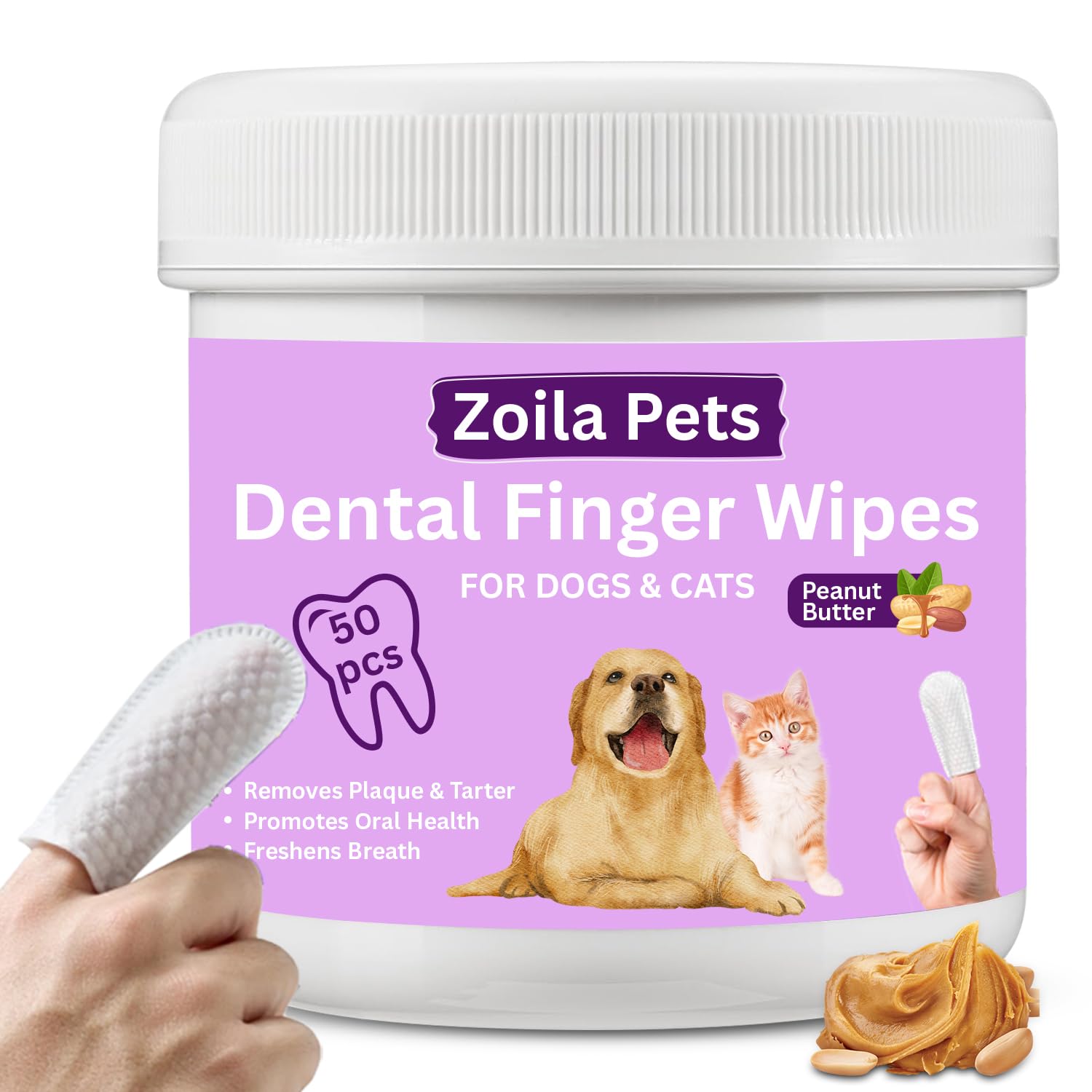 Zoila Pets Dental Wipes – Best Dog Teeth Cleaning, Dog Dental Wipes for Dogs Teeth, Finger Toothbrush for Dogs and Cats, Oral Care, Remove Plaque, Tartar & Bad Breath – 50 Count